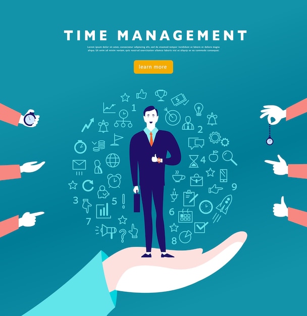 Time management vector flat minimalistic concept with businessman stand isolated planning organizing icons amp human hands line art business illustration web banner consulting coaching projects