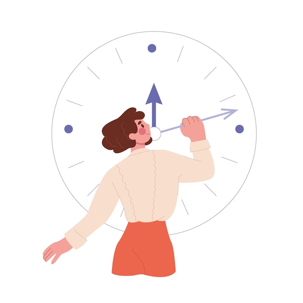 Vector time management vector illustration woman moves the hands of the clock flat color illustration