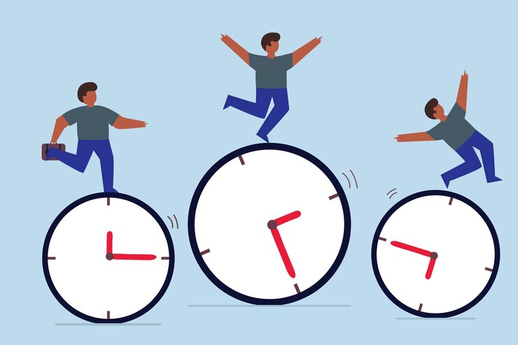 Vector time management work schedule and deadline businessmen riding rolling clock face with confidence skillful man in the middle success manage to reach target