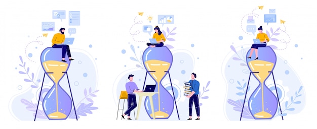 Time management zandloper. mensen werken met laptop aan sandglass, werktijden en vlakke de illustratiereeks van de teamproductiviteit. kantoorpersoneel stripfiguren. prestatieconcept