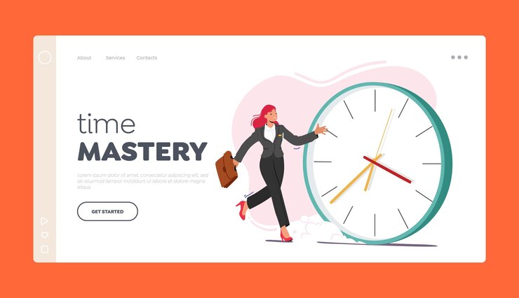 Вектор time mastery landing page template бизнесвумен бежит мимо огромных часов, проверяя время векторной иллюстрации мультфильма