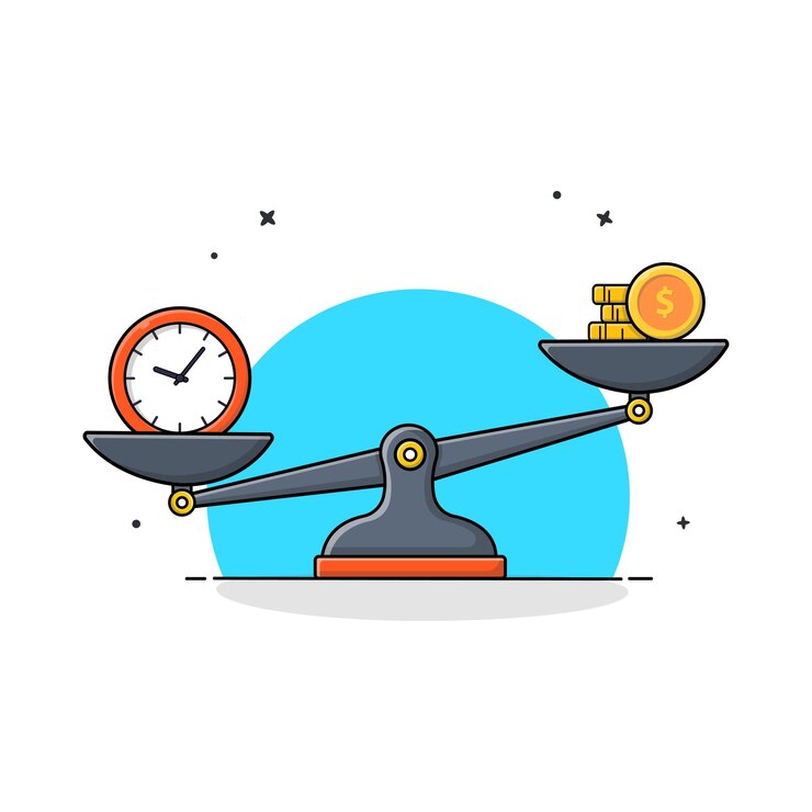 Time and Money on Balance Scale Vector Illustration Time Is Money Concept Design
