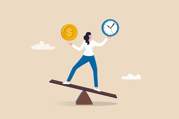 Time and money balance weight between work and life long term investment or savings control or make decision concept cheerful business woman balance between time clock and dollar money on seesaw