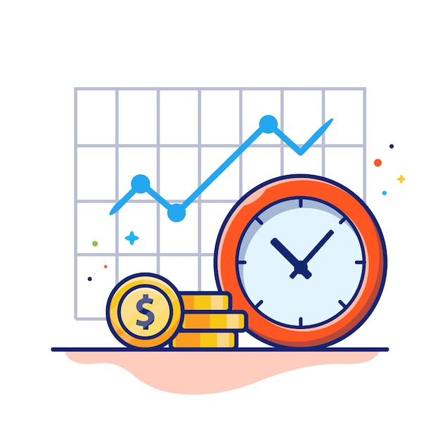 Time Money Illustration. Clock And Stack of Coins, Business Concept White Isolated