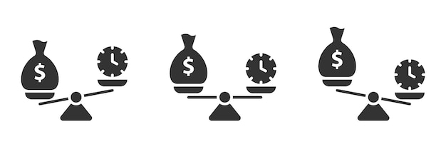 Time and money scales icon Scales with a bag of money on one bowl and with a clock on another Flat vector illustration