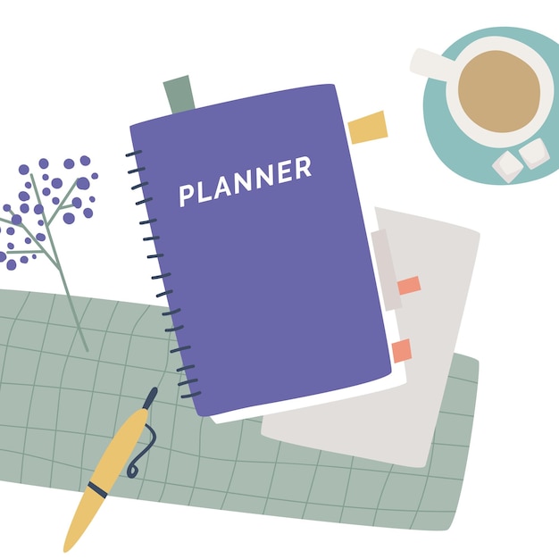 Концепция планирования времени. вид сверху блокнота с планировщиком слов на рабочем столе, карандашом, кофе, наклейкой. векторные иллюстрации