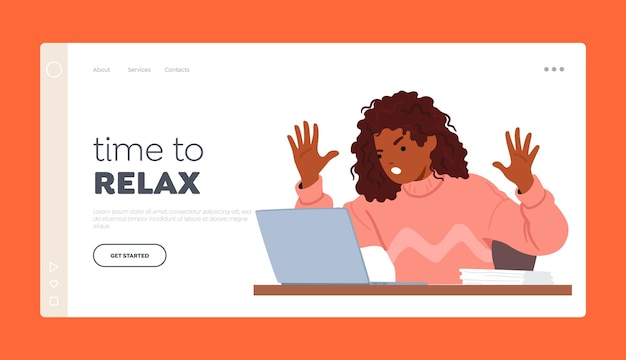 Time to relax landing page template frustrated black woman character expressing anger while using her laptop