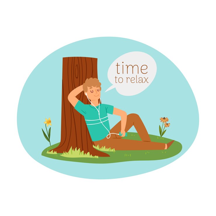 Vector time to relax, vacation concept, fashionable outdoor recreation, young man listening to music, cartoon   illustration.