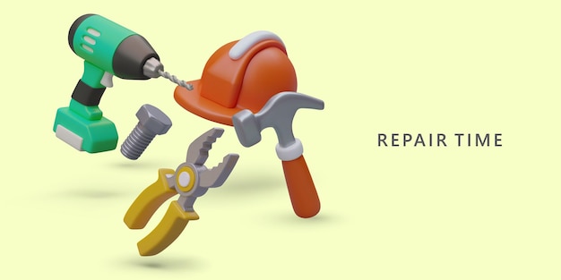 Time to repair house Tools for home repair Professional protective equipment Banner with floating 3D objects Tool shop advertising template with text part