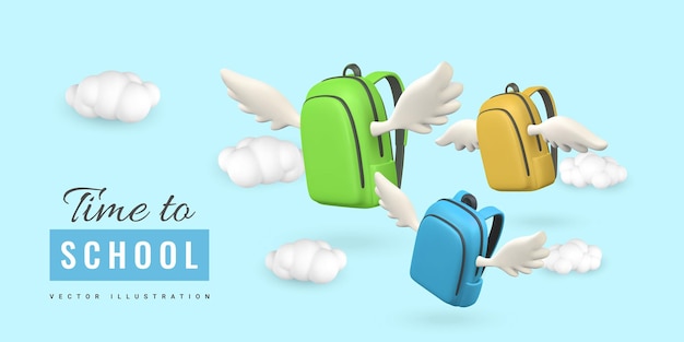 Time to school promo banner design 3d realistic school bag with wings fly in clouds vector illustration