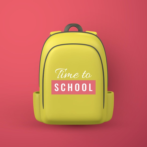 Time to school promo banner design Cute 3d yellow backpack Vector illustration