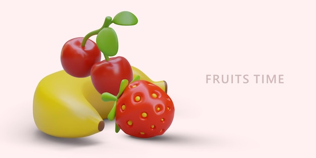 Vector time for sweet fruits ripe 3d banana strawberry cherry