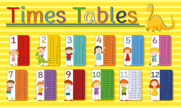 Vector time tables chart with happy kids on a yellow background