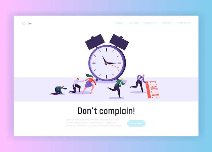 Vector time and term deadline concept landing page. male and female office worker character run to finish. time management planning website or web page. big clock flat cartoon vector illustration