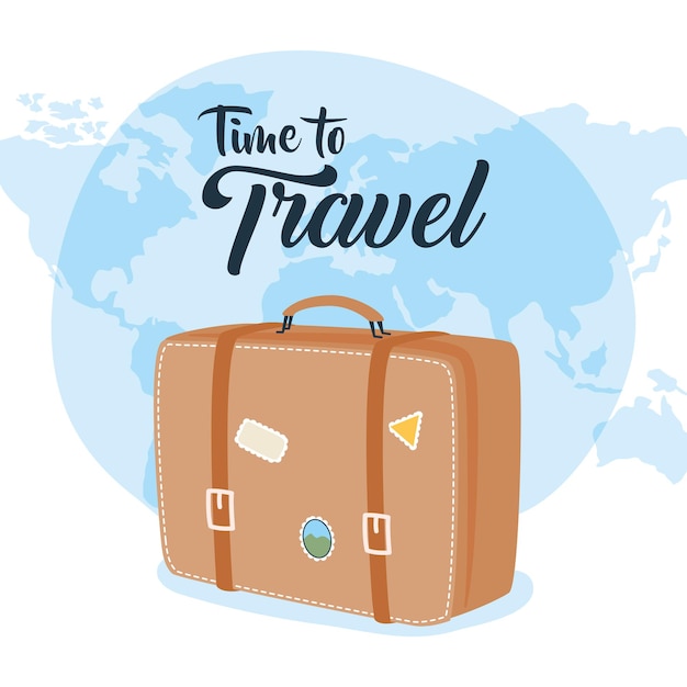 Время путешествовать с сумкой с наклейками и дизайном мира, багажом и туризмом. векторная иллюстрация.