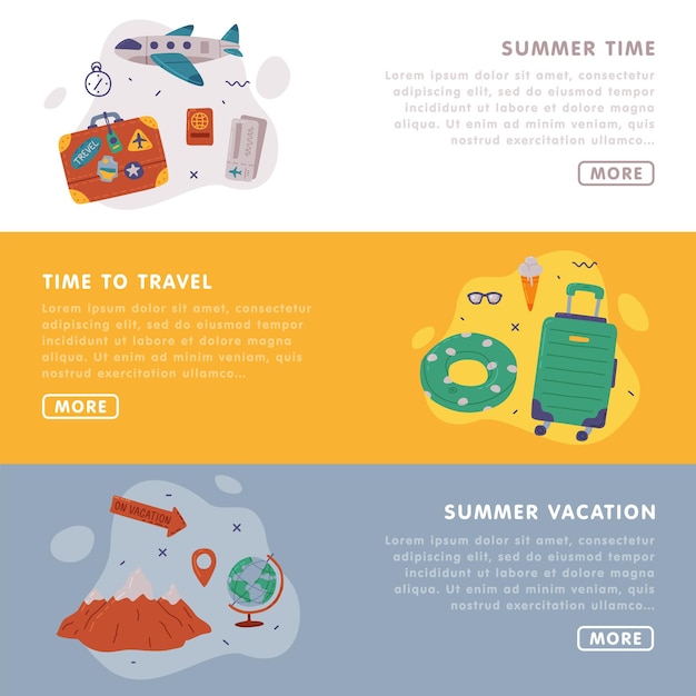 ベクトル time to travel landing page templates set summer journey on holidays travel destination adventure