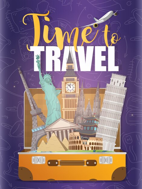 Vector time to travel banner. purple poster for advertising discount tickets. travel poster. journey to the world. auto travel holidays. architectural sights of the world.