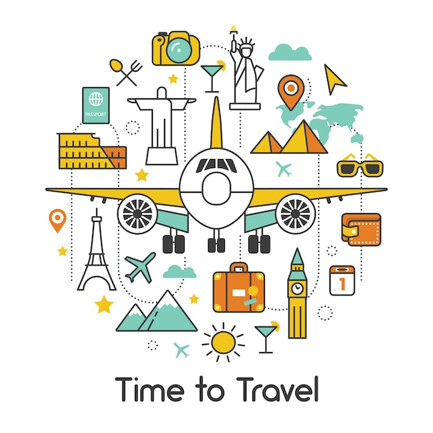 Time to travel by plane line art thin vector icons set with airplane