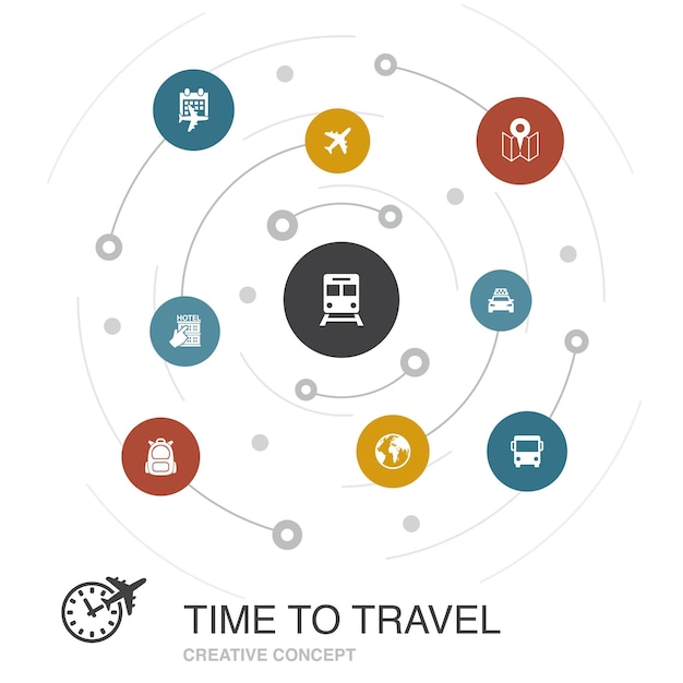 Time to travel colored circle concept with simple icons. contains such elements as hotel booking, map, airplane, train