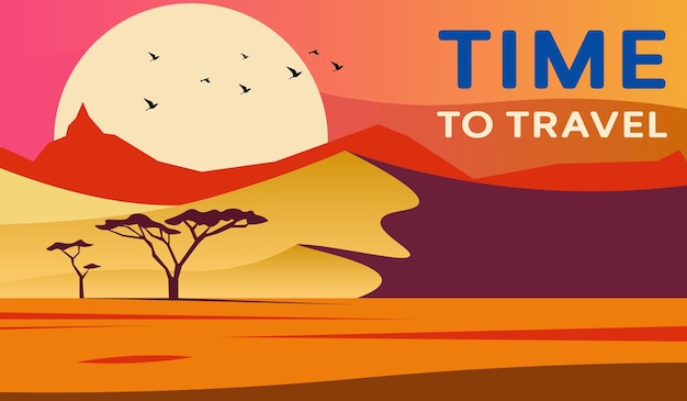 Vector time to travel concept desert landscape dunes and lone trees travel to the middle east