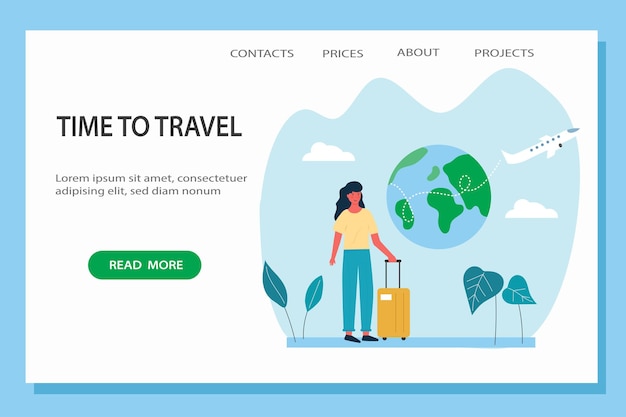 Time to travel concept landing page for travel agency vector flat illustration