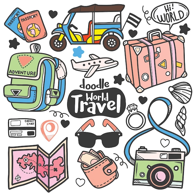 Tempo di viaggio doodle line art illustration set di banner vettoriali disegnati a mano con loghi