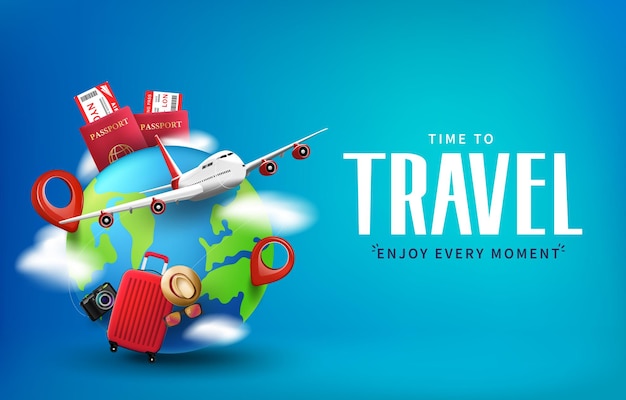 Time To Travel Luggage and Airplane on a Globe with Pins and Clouds 3D Realistic Creative Banner