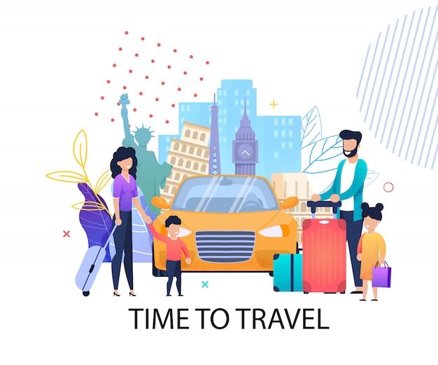 Time to travel motivation flat banner for family