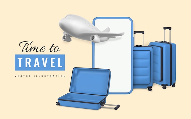 Time to travel promo banner design summer 3d realistic render vector objects mobile phone travel trolley bag and plane summer travel vector illustration