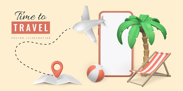 Time to travel promo banner design Summer 3d realistic render vector objects Tropical palm tree beach chair and plane with pin location and map Summer travel Vector illustration
