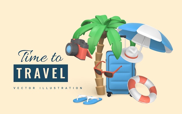 Tempo di viaggio design banner promozionale estate 3d realistici oggetti vettoriali sedia da spiaggia tropicale con palme e aereo con posizione e mappa del perno viaggio estivo illustrazione vettoriale