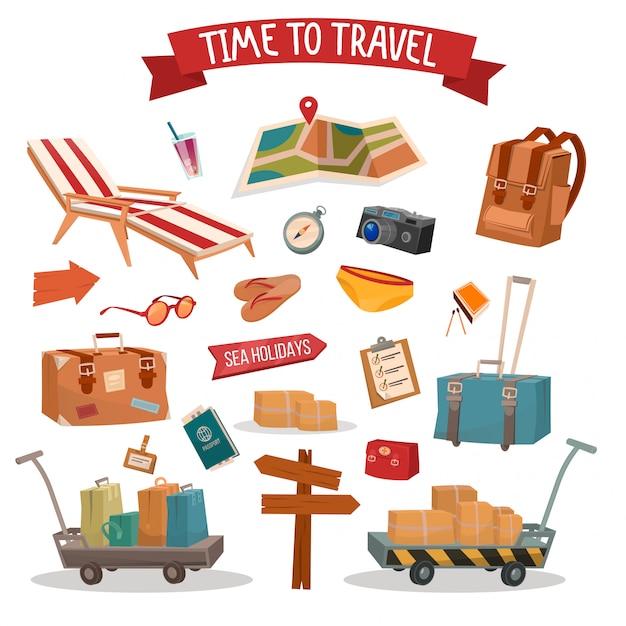 Time to travel. set of holidays summertime elements with baggage