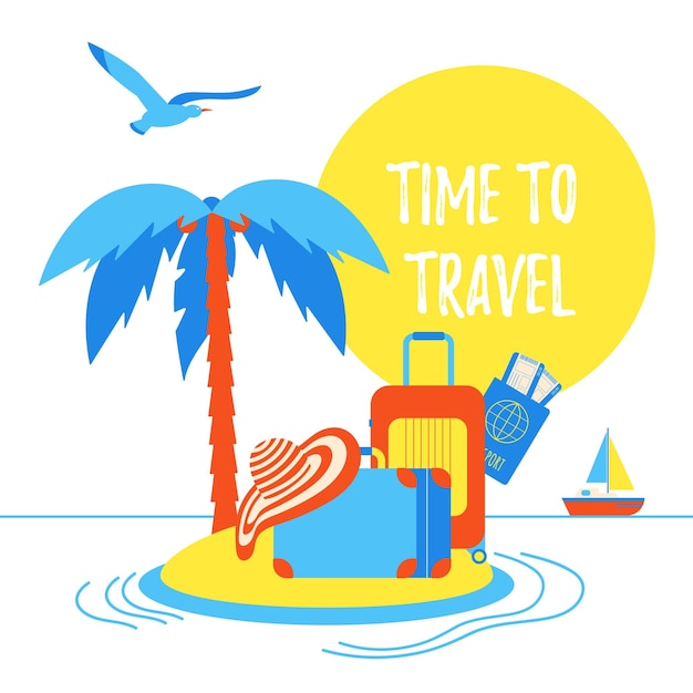 Vettore tempo di viaggiare estate vacanza al mare vacanza poster o banner design piatto stile illustrazione vettoriale