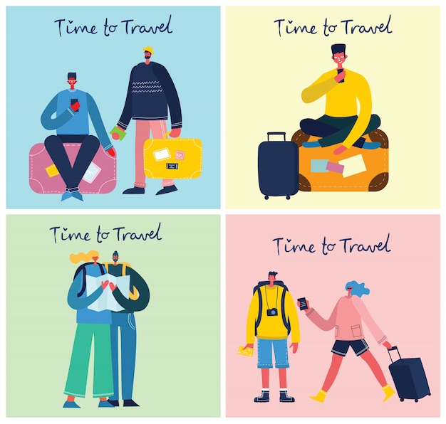 Tempo di viaggiare vector l'illustrazione con il viaggiatore isolato del giovane in varia attività con bagagli e attrezzatura turistica nella progettazione piana