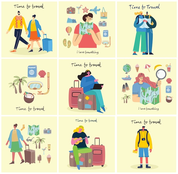 Time to travel. Vector illustration with isolated young people traveler in various activity with luggage and tourist equipment in modern flat design