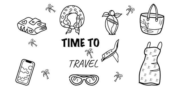 time to travel vector set of summer vacation essentials hand drawn and isolated on white background