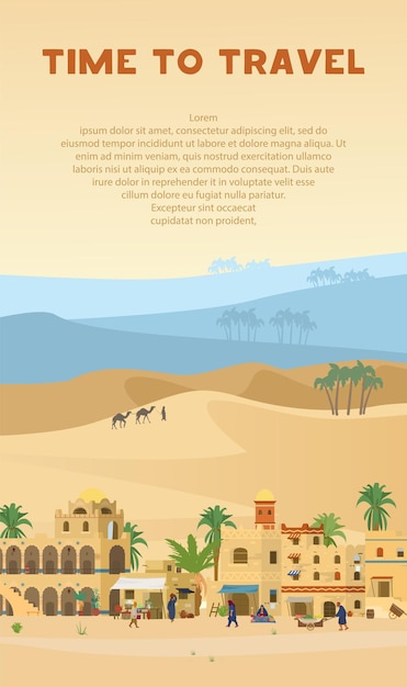 Time to travel vertical  banner with illustration of ancient arabic town in desert landscape