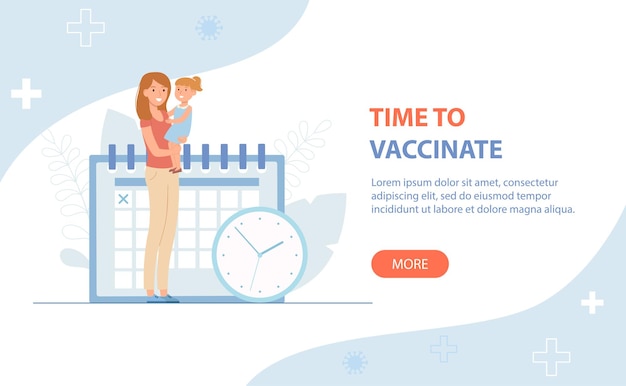 Vector time to vaccinate banner mother with child calendar and clock
