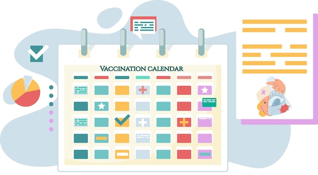 Time to vaccinate concept Immunization campaign Vaccination schedule with marks Doctor and test tube with drug calendar and virus Health care and protection Medical treatment with injection plan