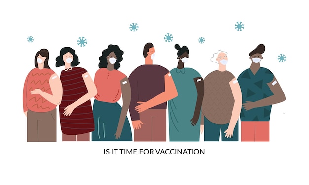 ワクチン接種ベクトルの概念の時間。多様な多文化の人々がワクチン接種を受けました。セルフケア、ヘルスケア、インフルエンザ、インフルエンザ。ポスター、バナー、テンプレート、ウェブの白で隔離のフラット漫画イラスト