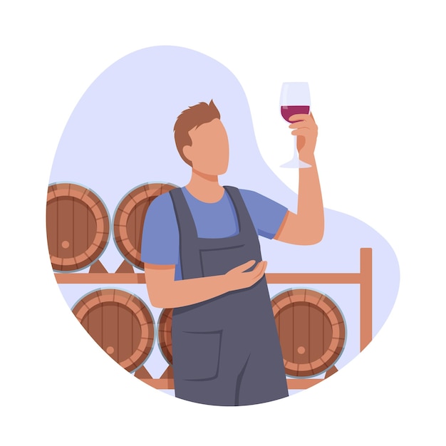 Time for vinification male character holds glass of red wine and assesses its quality product inspection quality control of alcoholic beverages man in wine cellar is watching over stocks