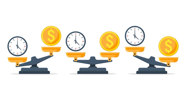 Time vs money on scales in flat style Weight balance vector illustration on isolated background Equilibrium comparison sign business concept