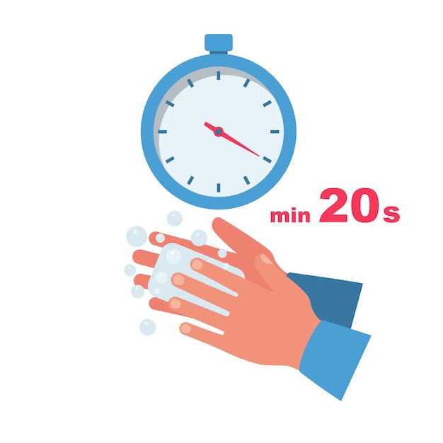 Time wash hands. stopwatch with a minimum time of 20 seconds. soap in hand in soap bubbles. vector illustration flat design. personal hygiene. disinfection, skin care. antibacterial washing.