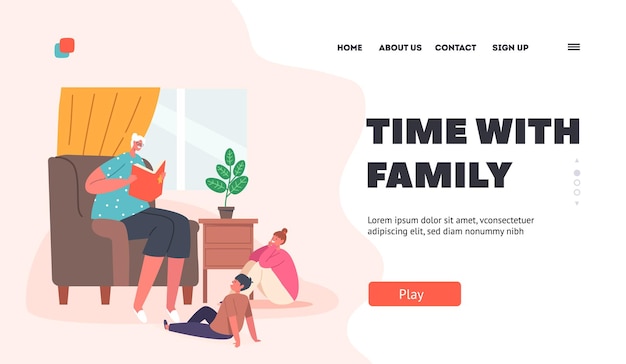 가족 방문 페이지 템플릿과 함께 시간을 할머니가 손자에게 책을 읽고 행복한 어린 소년과 소녀 캐릭터