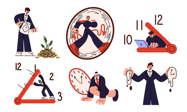 Vector time work clock is money people organize break to watch deadline schedule of woman business finance organization timescale agenda management busy businessman vector concepts set