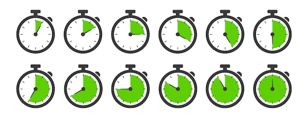 Вектор Хронометрист, таймер, часы, секундомер, обратный отсчет, набор символов значка часов с разным временем
