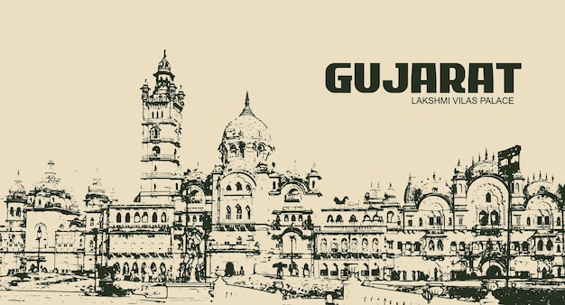 Vector timeless elegance line art of lakshmi vilas palace in gujarat