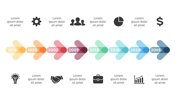 Шаблон слайдов инфографической презентации timeline arrow идеально подходит для стартапов и маркетинга