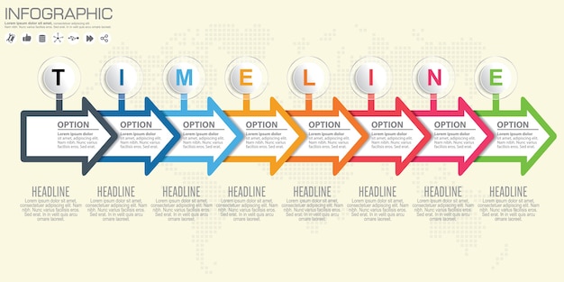 Vector timeline and arrow infographic. world map background