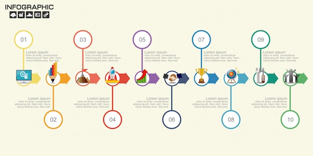 타임 라인 화살표 인포 그래픽 템플릿 10 옵션.